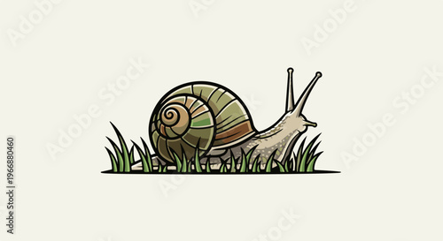 A cartoon snail with a swirled shell crawls through grass