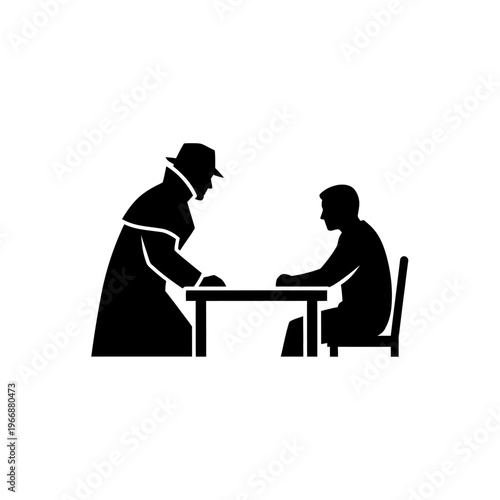 Silhouette Illustration of Interrogation Scene with Two Figures at Table.
