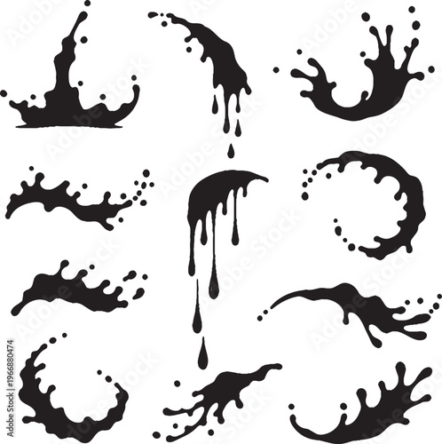 Abstract ink splashes and drops collection in black and white