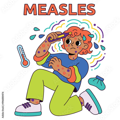 Character illustration showing common disease symptoms, including fever and a distinct rash, representing a public health condition
