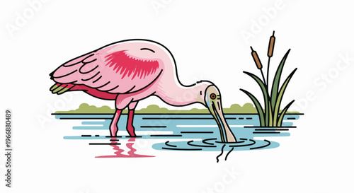 Pink bird with spoon-shaped beak drinks water near cattails