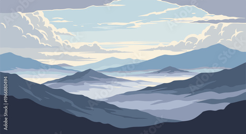 Pixelated mountain range veiled in mist under a cloudy sky