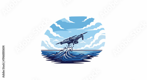 A futuristic drone hovers over a cresting ocean wave under a cloudy sky
