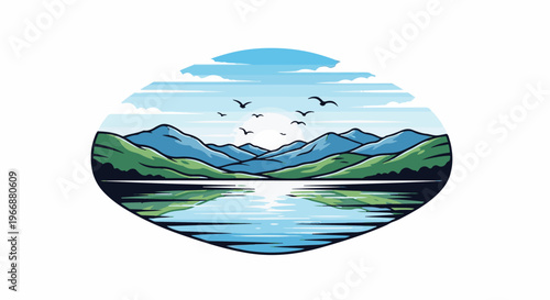 Serene mountain lake with birds soaring under a vast, cloudy sky