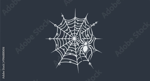Stylized white spider on a web with dew drops on a dark background