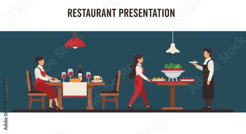 Restaurant Service Illustration with Waitstaff and Customers