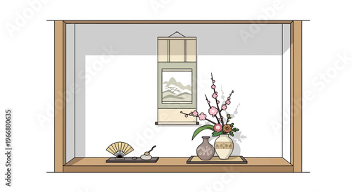 Traditional Japanese Tokonoma Alcove with Floral Arrangement and Scroll