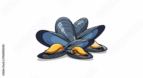 Stylized illustration of opened blue mussels with yellow insides