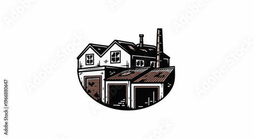 Stylized illustration of an old industrial building with multiple garages and smokestacks