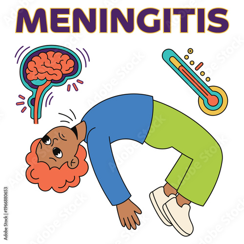 Detailed illustration of Meningitis, a serious medical health disease, depicting common symptoms and healthcare concerns for an affected character