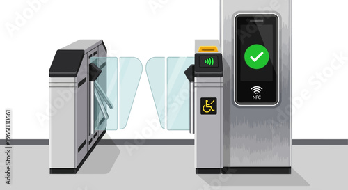 Modern Automated Subway Entrance Gate with NFC Contactless Payment System
