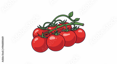 A cluster of bright red, cartoon-style tomatoes on a green vine