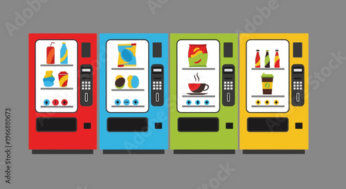 Set of Colorful Vending Machines with Snacks and Beverages