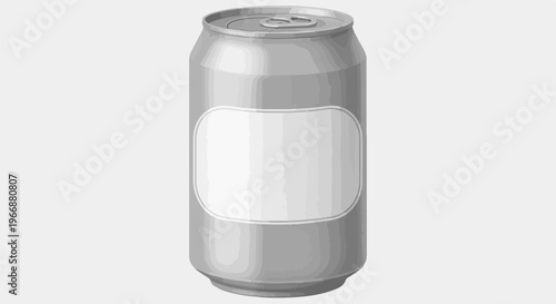 A blank, silver beverage can with an oval white label on a light gray background