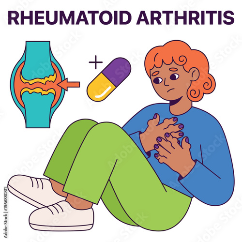Medical Health Illustration Rheumatoid Arthritis Disease Symptoms and a Character's Painful Healthcare Journey