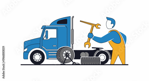 Stylized worker fixes a truck tire with tools