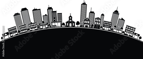 Black silhouette of a city skyline on a curved globe horizon featuring skyscrapers, buildings, a church, and storefronts isolated on white for urban design