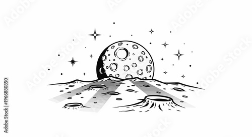 Stylized depiction of the moon's surface with craters and stars in a sketchy style