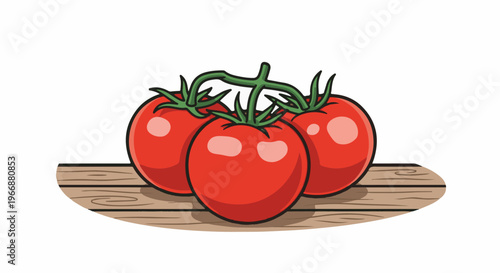 Three bright red cartoon tomatoes on a wooden surface