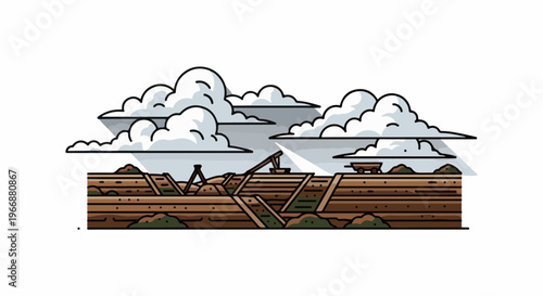 Stylized excavation site with a mine cart and crane under cloudy skies