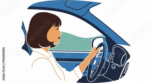Woman driving car with view of landscape through window