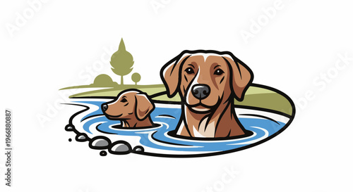 Two dogs enjoying a refreshing dip in a flowing river surrounded by nature