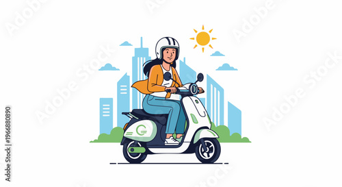 Woman on scooter in city with sun and clouds