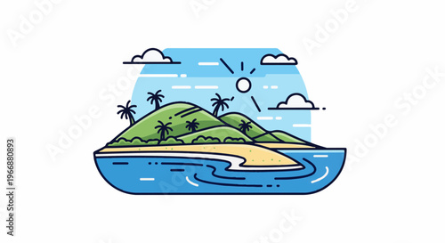 Tropical island with palm trees, sandy beach, blue ocean, and sunny sky