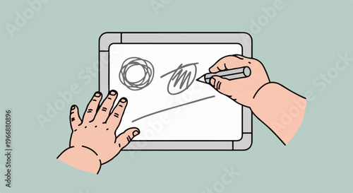 Two hands interacting with a drawing board, one holding a marker
