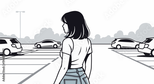 Woman in jeans stands in an empty parking lot with cars