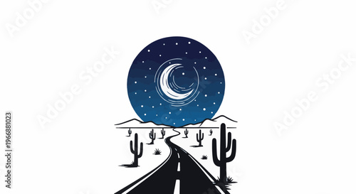 Winding desert road under crescent moon and starry sky