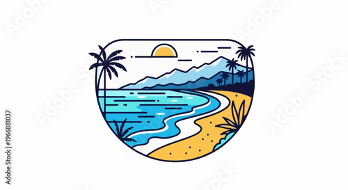 Tropical paradise with mountains, ocean waves, sandy beach, and palm trees