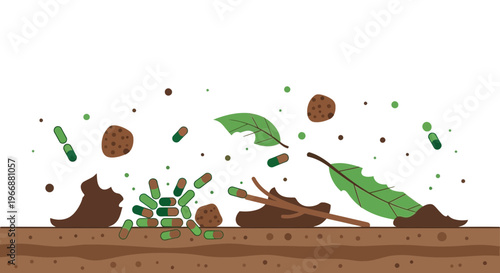 Explosion of green capsules and leaves in fertile soil, representing growth and nature