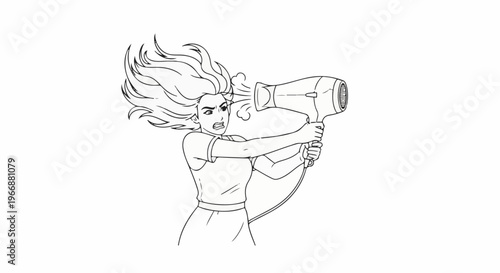 Woman with windblown hair holding a hairdryer, exclaiming in surprise