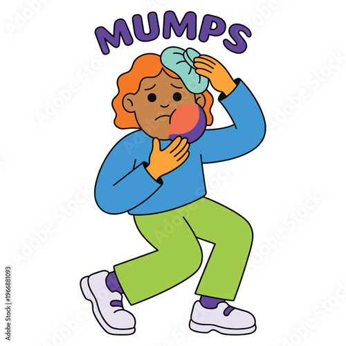 Healthcare concept Character showing mumps symptoms, a viral disease requiring medical attention for health and relief