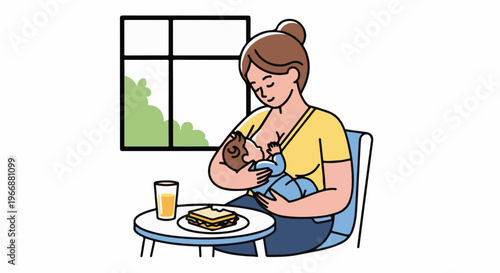 Woman breastfeeding baby by window with sandwich and drink