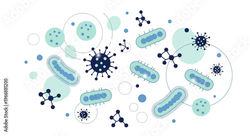 Microscopic Bacteria and Viruses, Medical Science Illustration, Blue and Teal Tones
