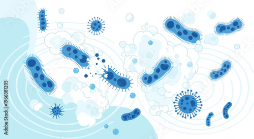 Microscopic Bacteria and Viruses, Microorganism Cells Floating in Fluid, Medical Science Concept