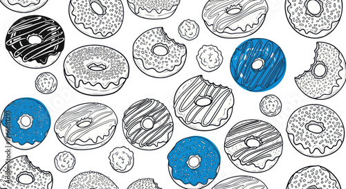 Hand-drawn donuts pattern, black and white with blue highlights, doodle style