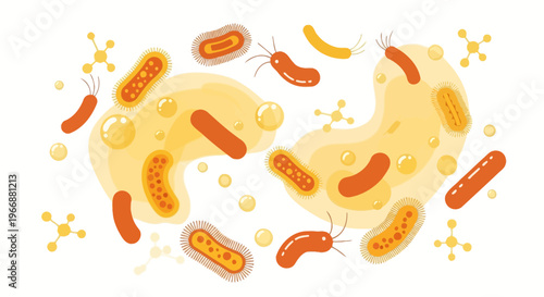 Microscopic Bacteria and Viruses: Microorganisms in a Yellow Fluid, Scientific Illustration