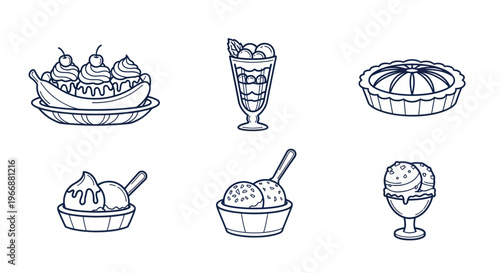 Hand-drawn ice cream and dessert icons - banana split, parfait, pie, sundae