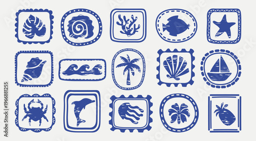 A set of hand-drawn blue marine and tropical icons in a postage stamp style. A collection of nautical elements for travel design and vacation themes.