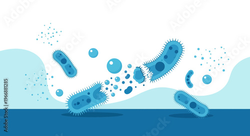 Microscopic Blue Paramecium Protozoa Bacteria Cells Floating in Water with Bubbles