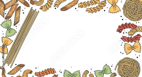 Assorted Pasta Shapes Frame - Italian Food Border with Spaghetti, Fusilli, Farfalle