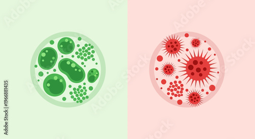 Microscopic View: Healthy Green Cells vs. Diseased Red Microbes