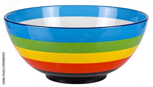 Vibrant striped ceramic serving bowl with rainbow color design.