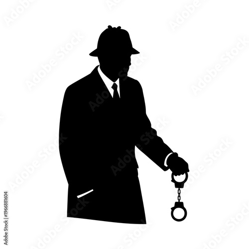 Silhouette of a Detective Holding Handcuffs in Noir Style.