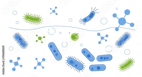 Microscopic view of diverse bacteria and viruses floating in liquid, science illustration