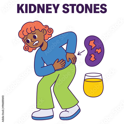 Cartoon character experiencing severe kidney stone pain, illustrating medical health disease symptoms and healthcare awareness through medical illustration
