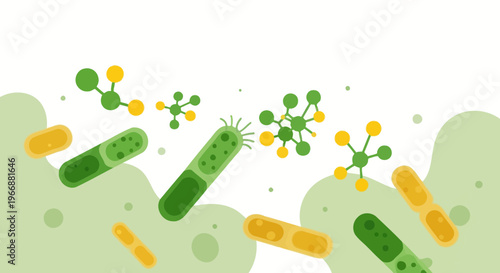 Microscopic view of green and yellow bacteria and molecules, scientific illustration